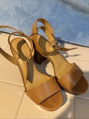 Michael Kors Cognac Leather Block Heel Sandals with Ankle Strap
